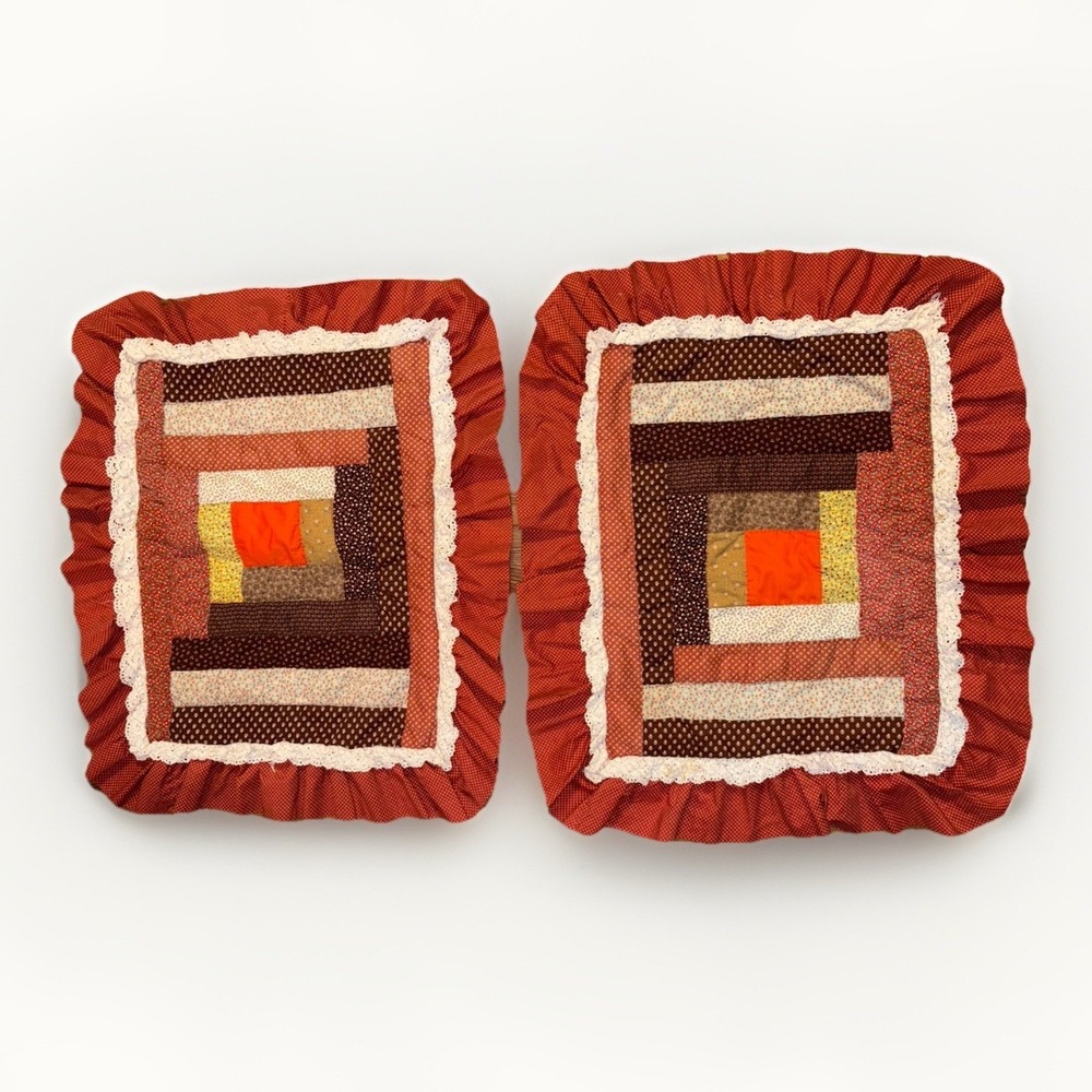 Handmade Patchwork Pillow Shams Standard Rust Cottage‎ Farmhouse Lace Ruffle